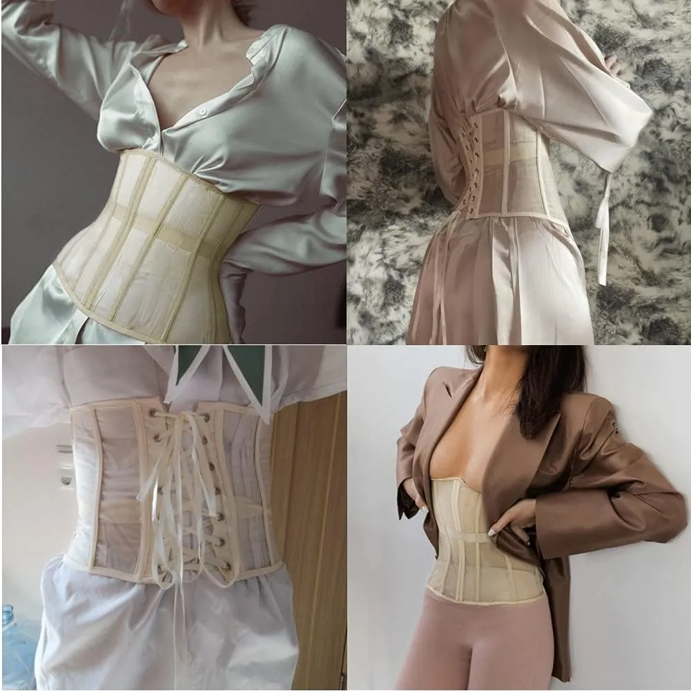 JUMISEE Women See Through Mesh Lace Up Corset Bustier Sexy Boned Wrap Bandage Tube Crop Top Waist Cincher Wide Belt