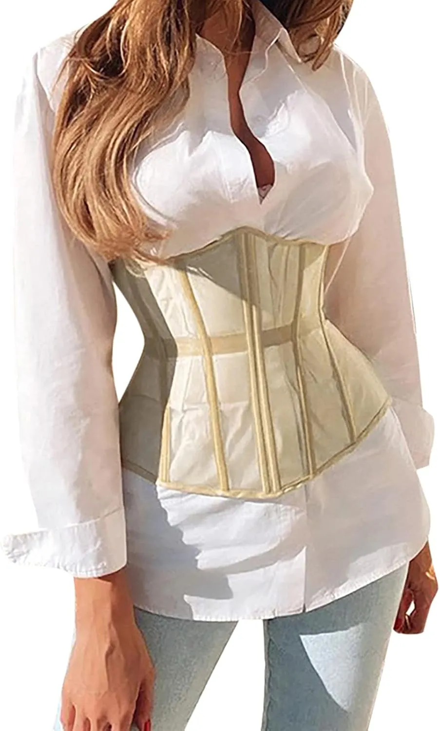 JUMISEE Women See Through Mesh Lace Up Corset Bustier Sexy Boned Wrap Bandage Tube Crop Top Waist Cincher Wide Belt