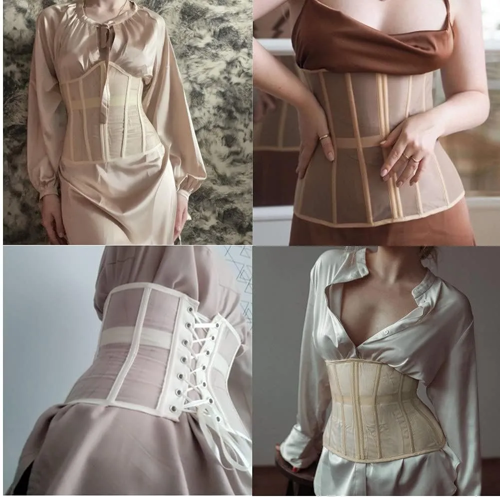 JUMISEE Women See Through Mesh Lace Up Corset Bustier Sexy Boned Wrap Bandage Tube Crop Top Waist Cincher Wide Belt