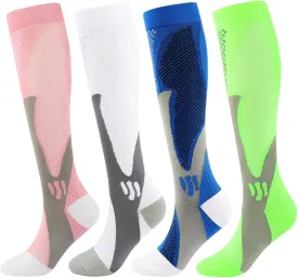 Kickticks 4 Pairs Compression Socks for Woman & Man Unisex 20-30mmHg Knee high Plus Size Wide Calves for Flying Running