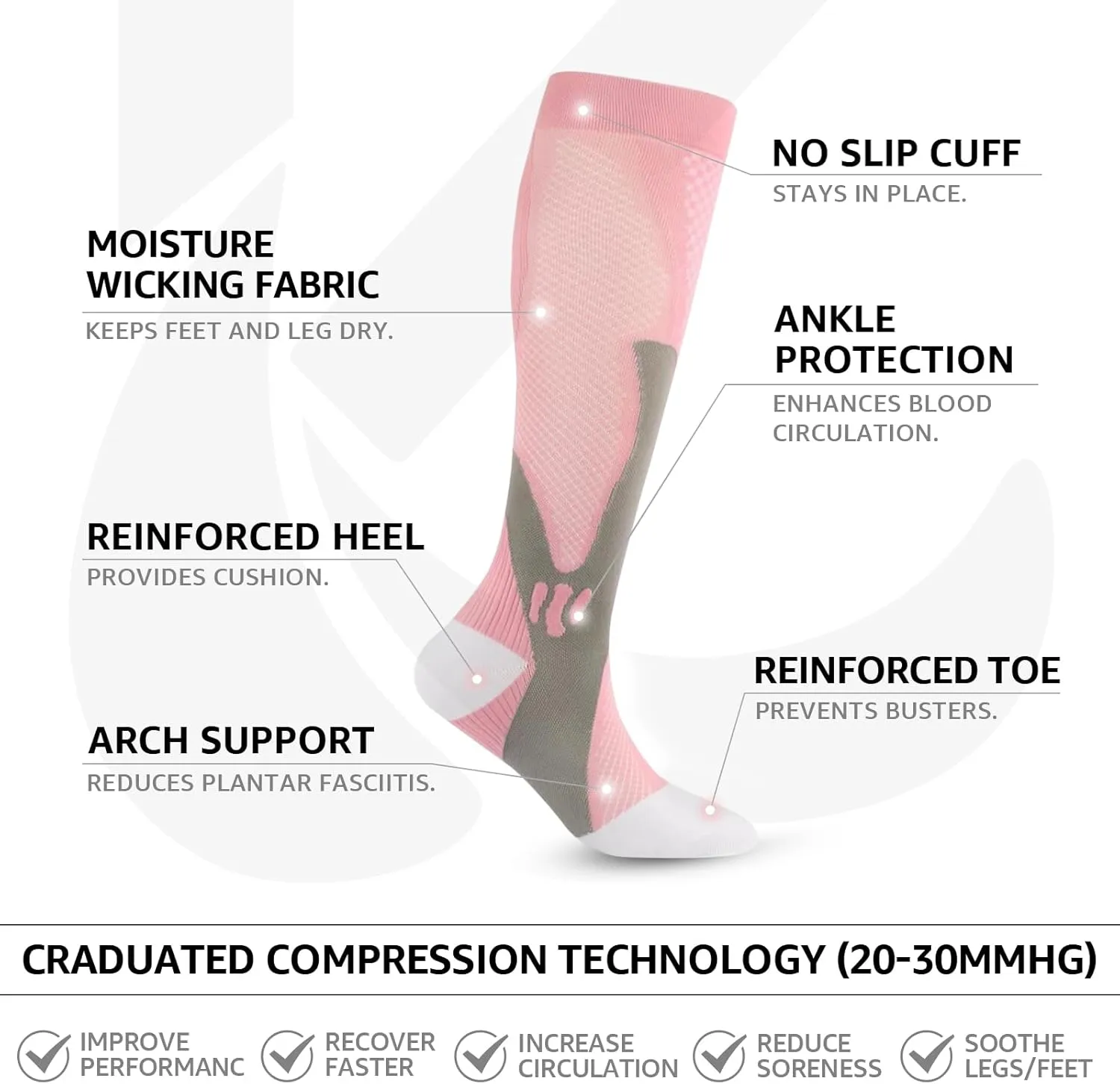 Kickticks 4 Pairs Compression Socks for Woman & Man Unisex 20-30mmHg Knee high Plus Size Wide Calves for Flying Running