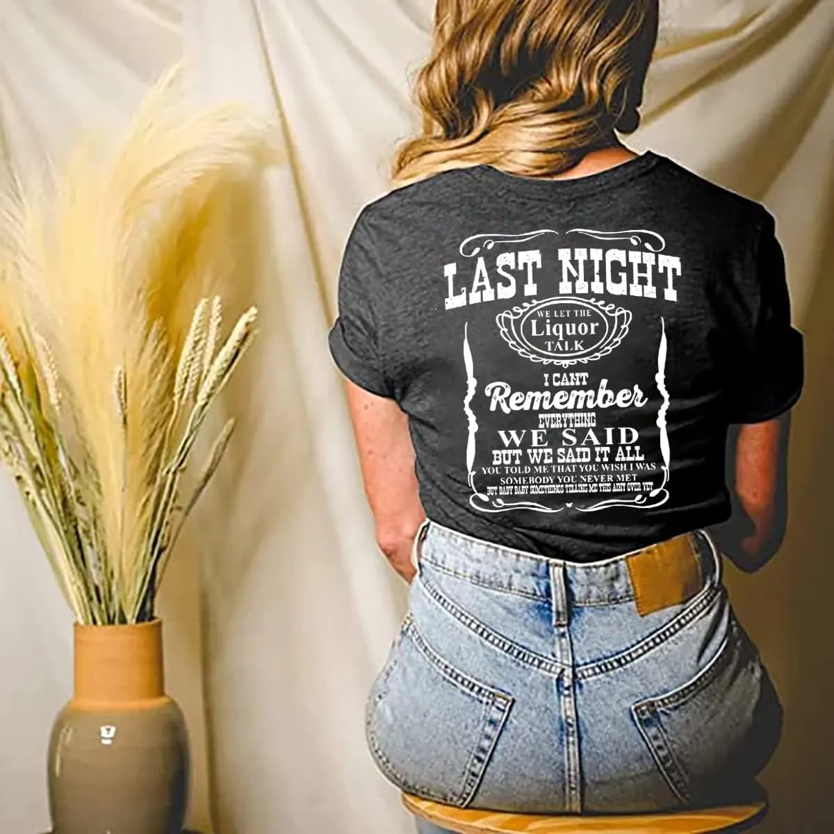 Last Night We Let The Liquor Talk Country Music Tshirt Women Letter Print V-Neck T Shirt Western Bull Skull Tee Tops