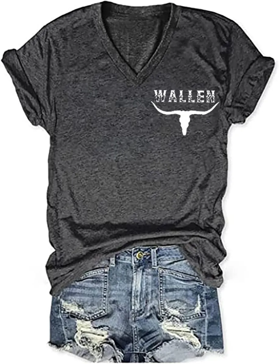 Last Night We Let The Liquor Talk Country Music Tshirt Women Letter Print V-Neck T Shirt Western Bull Skull Tee Tops