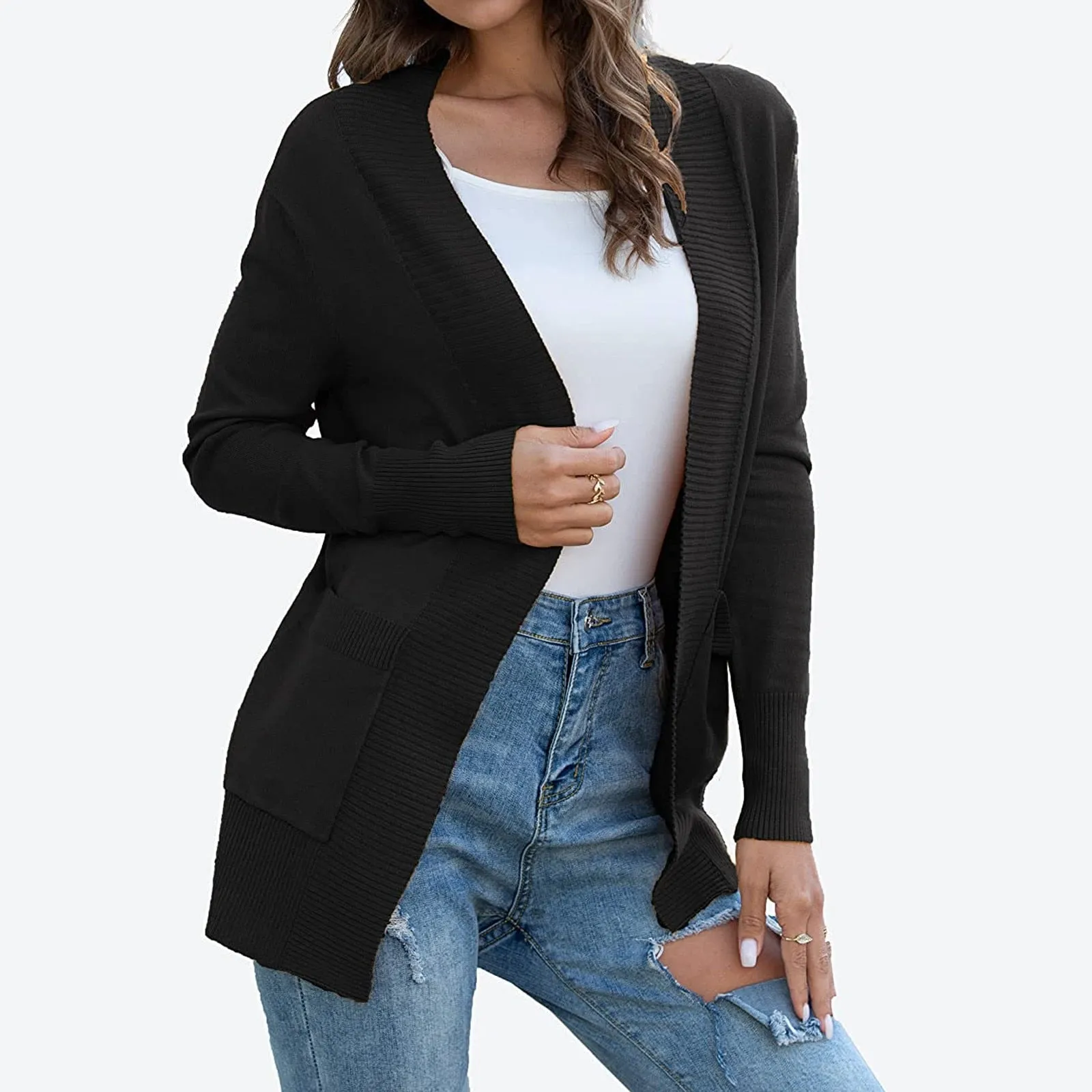 Lightweight Open Front Cardigan Sweater With Pockets