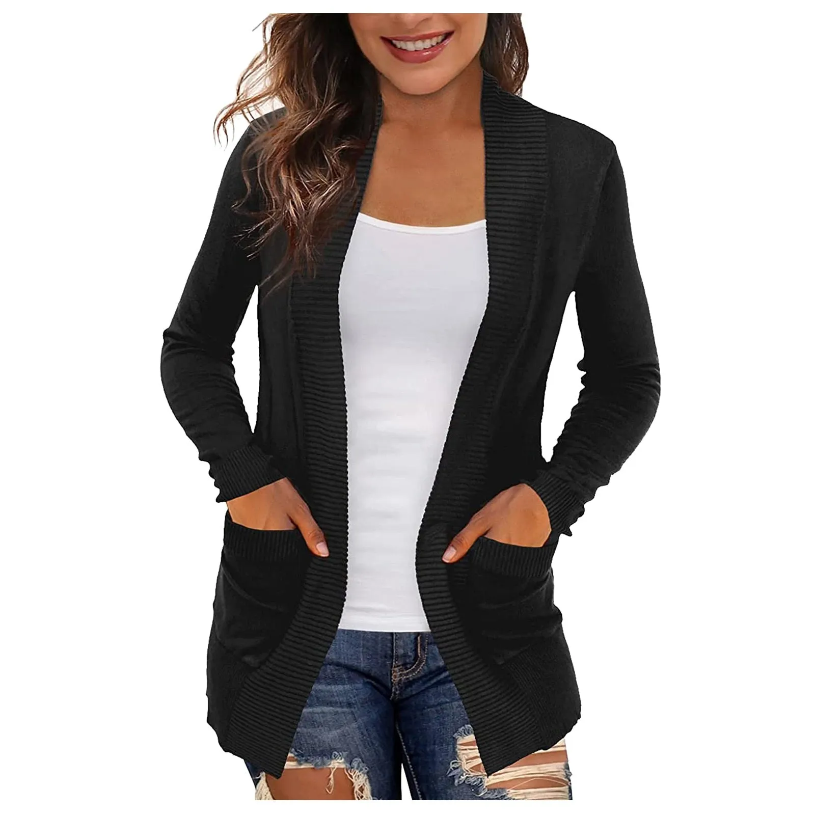 Lightweight Open Front Cardigan Sweater With Pockets