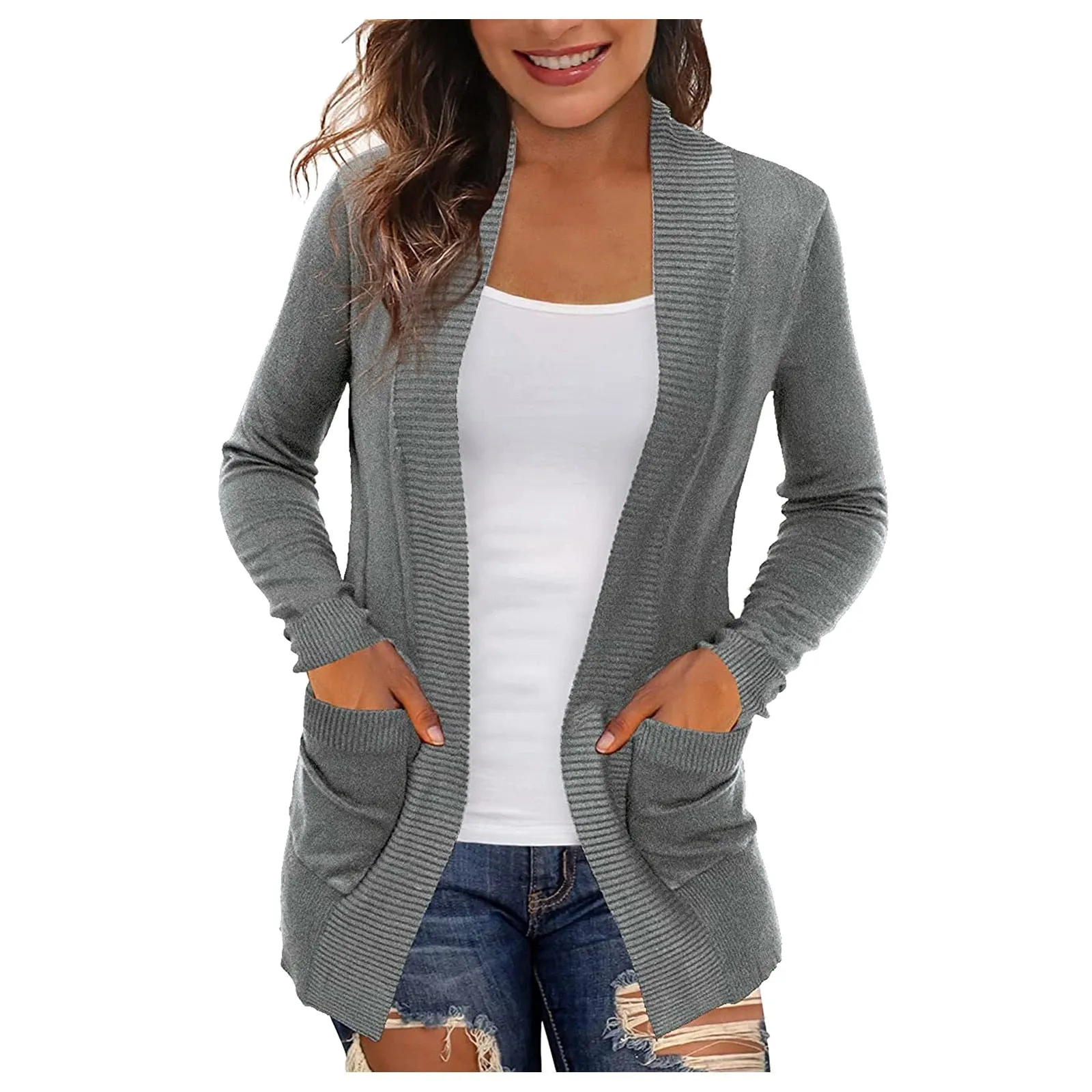 Lightweight Open Front Cardigan Sweater With Pockets