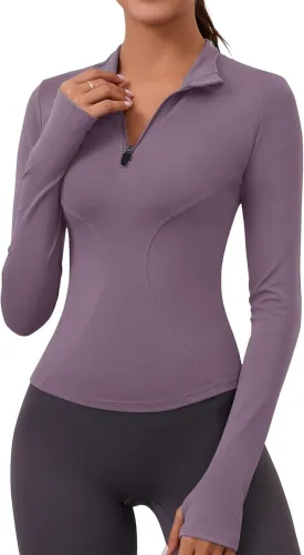 LOMON Womens Long Sleeve Workout Tops Quick Dry Quarter Zip Pullover Crop Yoga Athletic Slim Fit Shirts