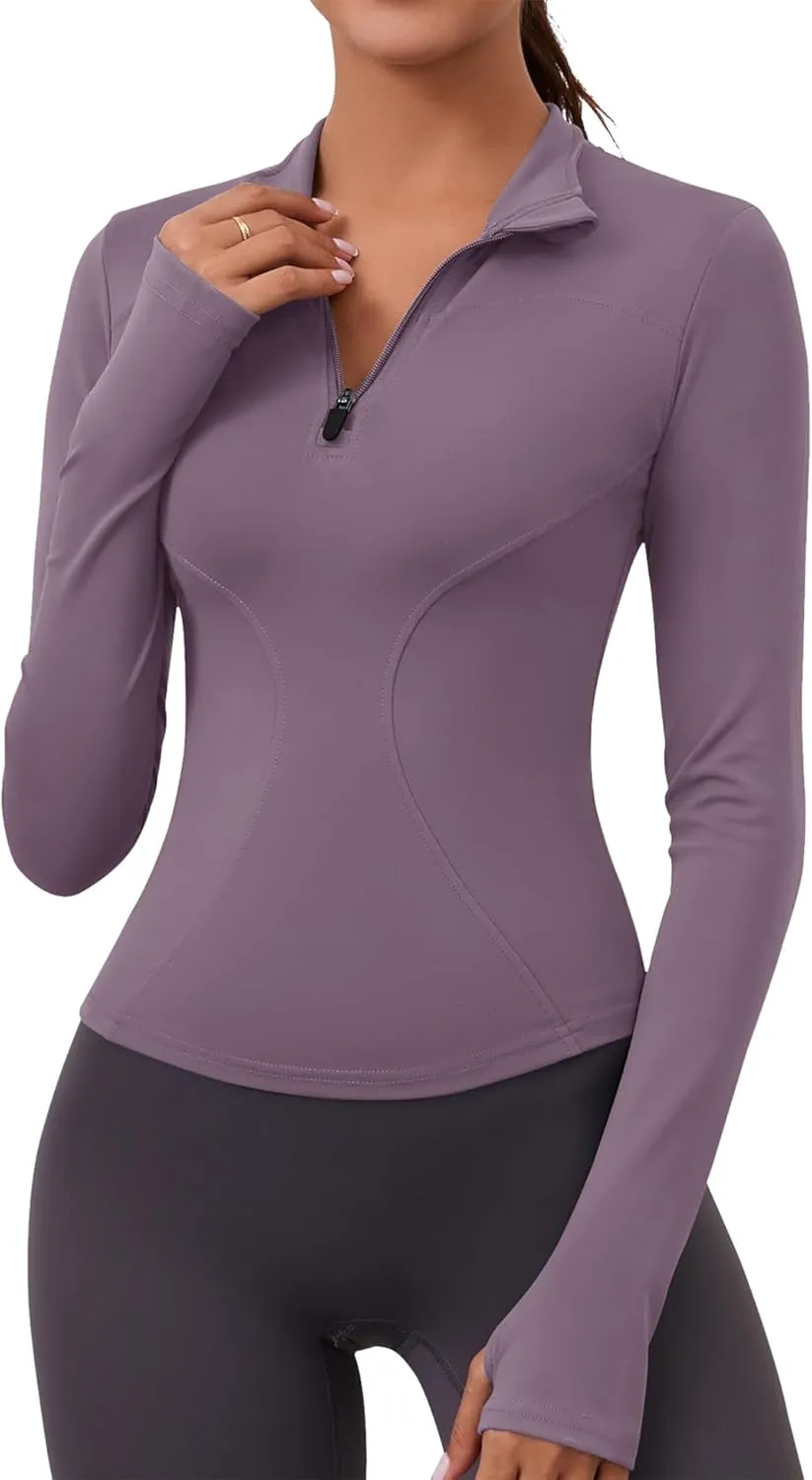LOMON Womens Long Sleeve Workout Tops Quick Dry Quarter Zip Pullover Crop Yoga Athletic Slim Fit Shirts