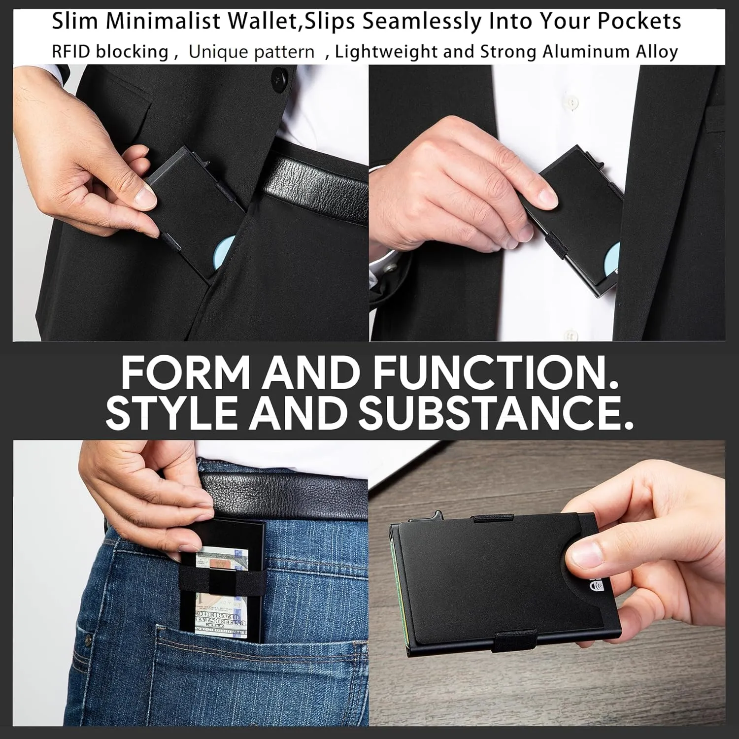 Minimalist Carbon Fiber Wallet for Men, Money Clip Cash Strap Wallet, RFID Blocking Metal Wallet Aluminum Card Holder,Front Pocket Wallet