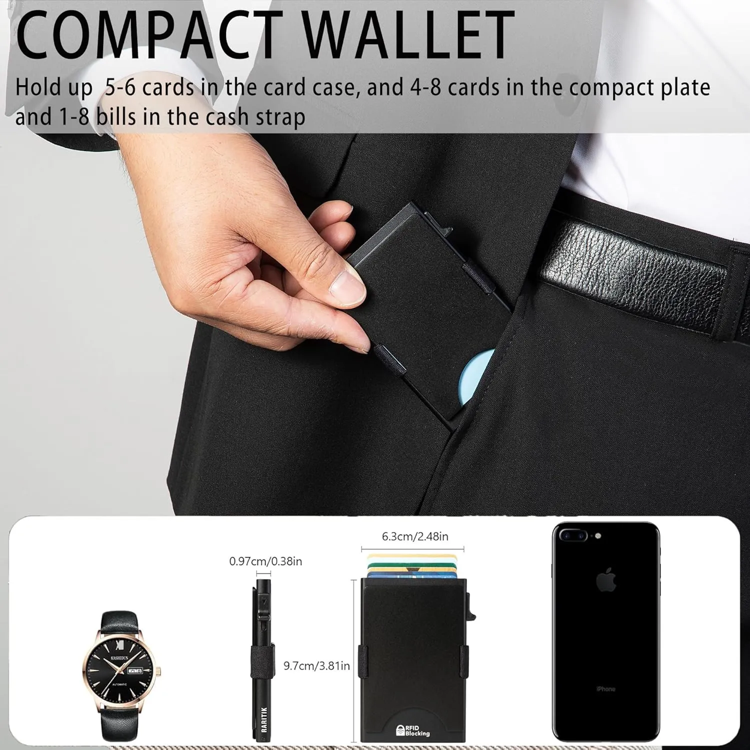 Minimalist Carbon Fiber Wallet for Men, Money Clip Cash Strap Wallet, RFID Blocking Metal Wallet Aluminum Card Holder,Front Pocket Wallet