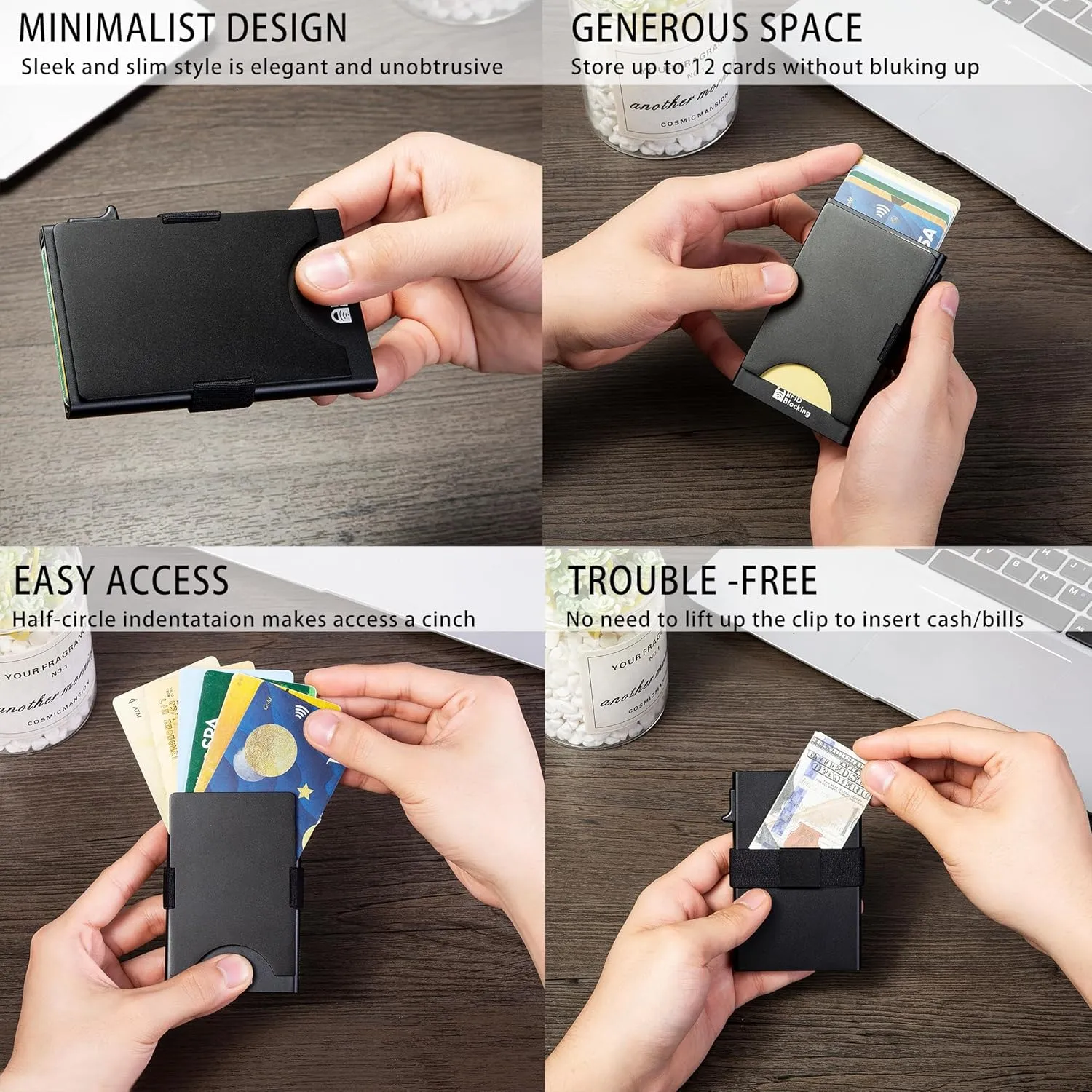 Minimalist Carbon Fiber Wallet for Men, Money Clip Cash Strap Wallet, RFID Blocking Metal Wallet Aluminum Card Holder,Front Pocket Wallet