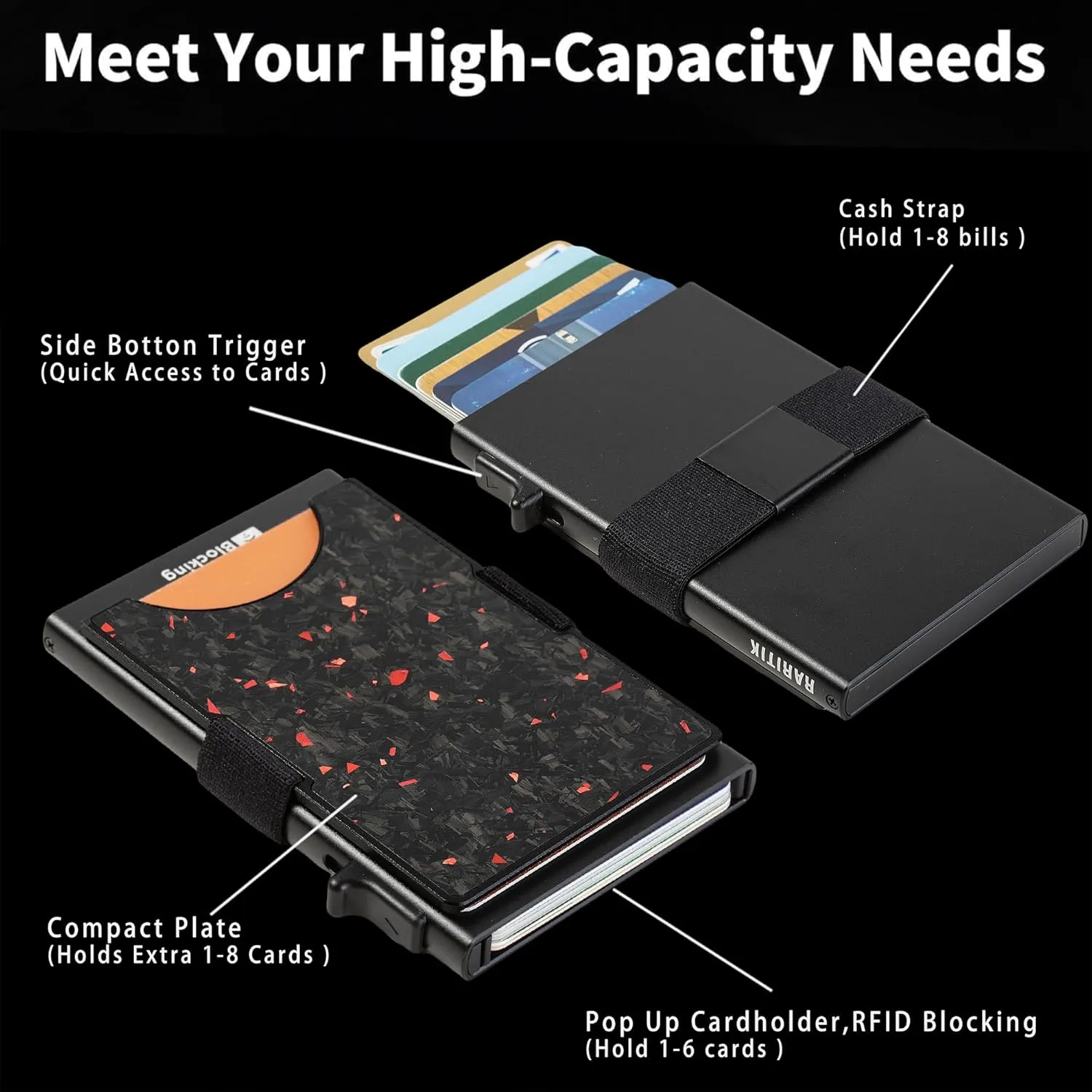 Minimalist Carbon Fiber Wallet for Men, Money Clip Cash Strap Wallet, RFID Blocking Metal Wallet Aluminum Card Holder,Front Pocket Wallet