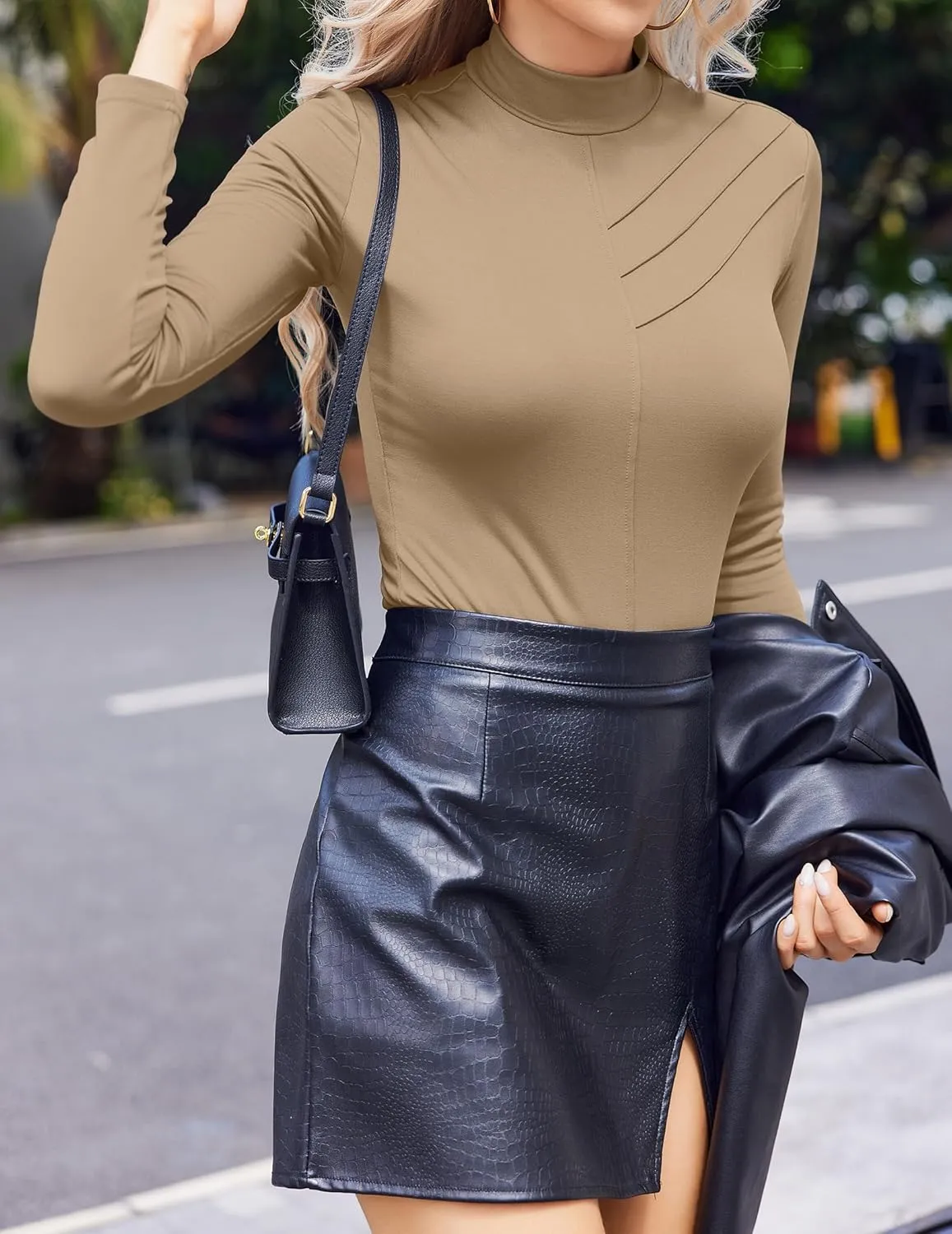 Mock Turtleneck Tops for Women Slim Fit Long Sleeve Shirts T Shirts Trendy Spring Casual Tunic Tops Blouses