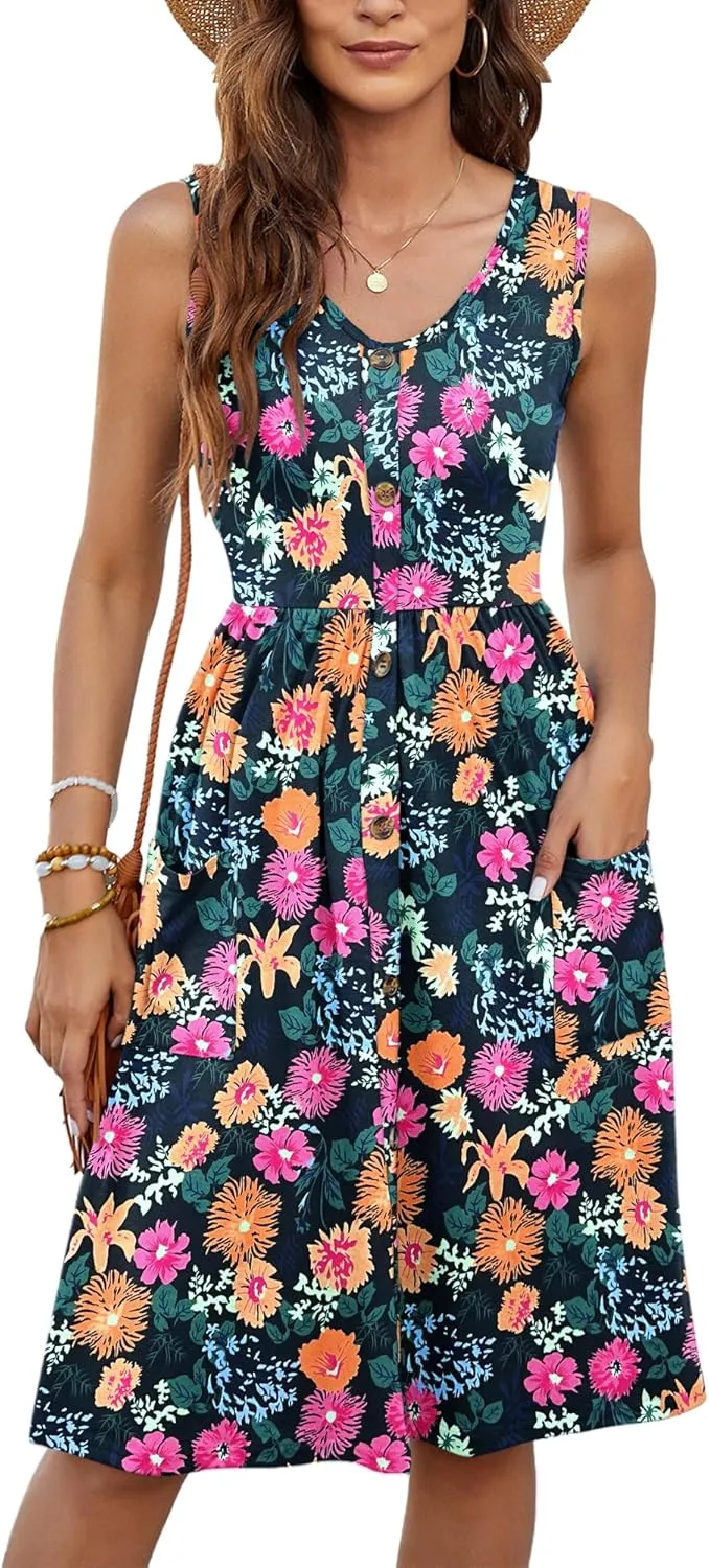 MOLERANI Women Summer Dresses Sleeveless Casual Loose Swing Button Down Midi Dress with Pockets