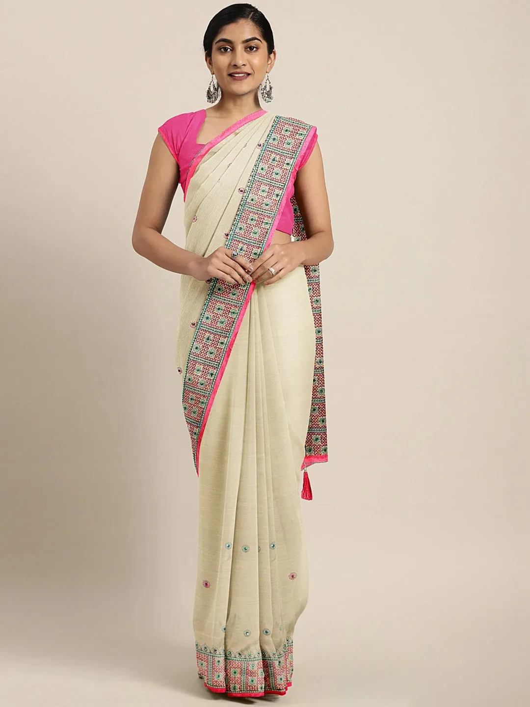 Neeru's Beige Color Chiffon Fabric Saree