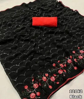 New Partywear Chiffon Black Color Embroidery n Sequence Work Fancy Designer Saree