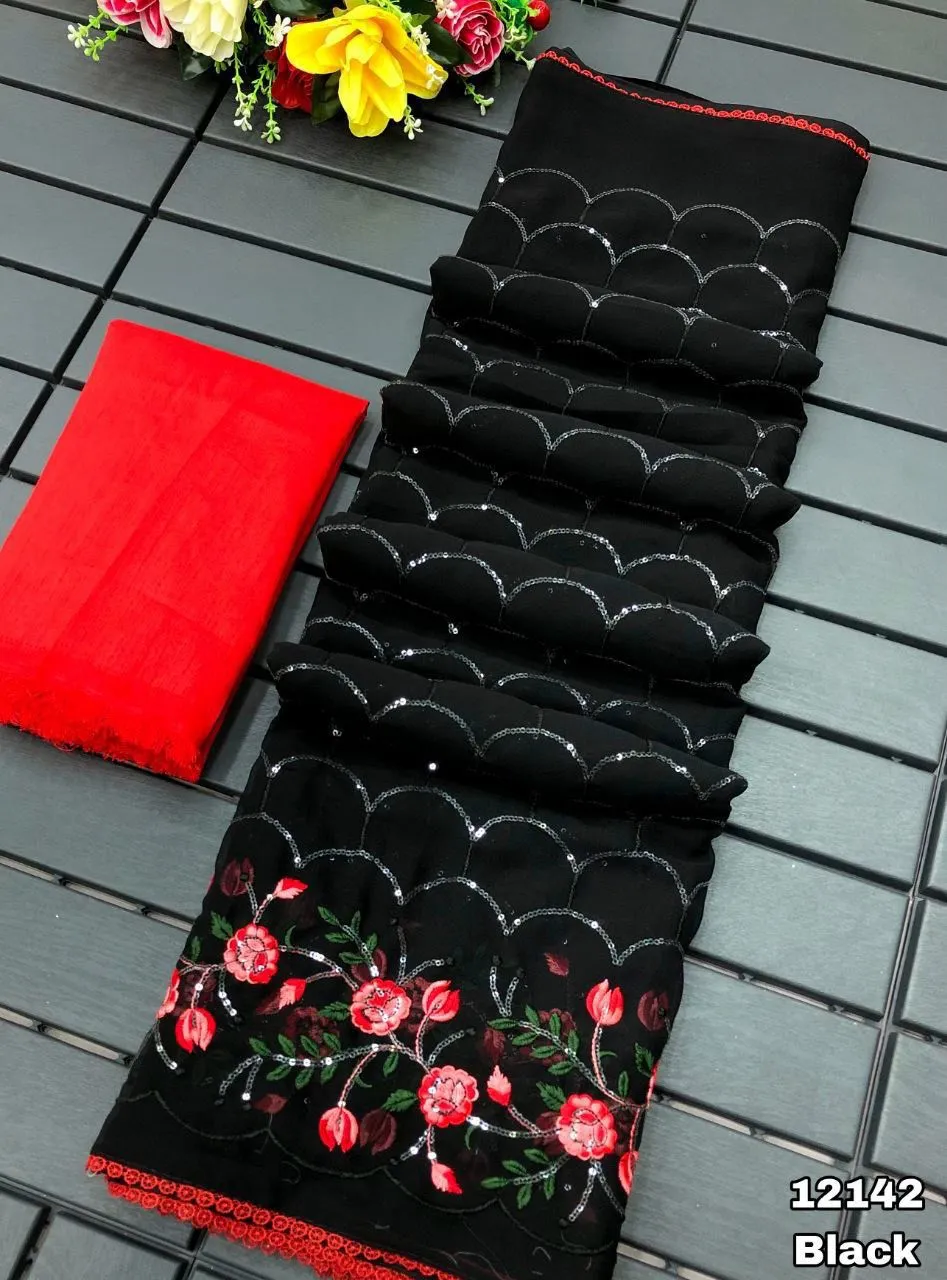 New Partywear Chiffon Black Color Embroidery n Sequence Work Fancy Designer Saree