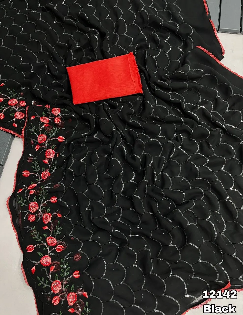 New Partywear Chiffon Black Color Embroidery n Sequence Work Fancy Designer Saree