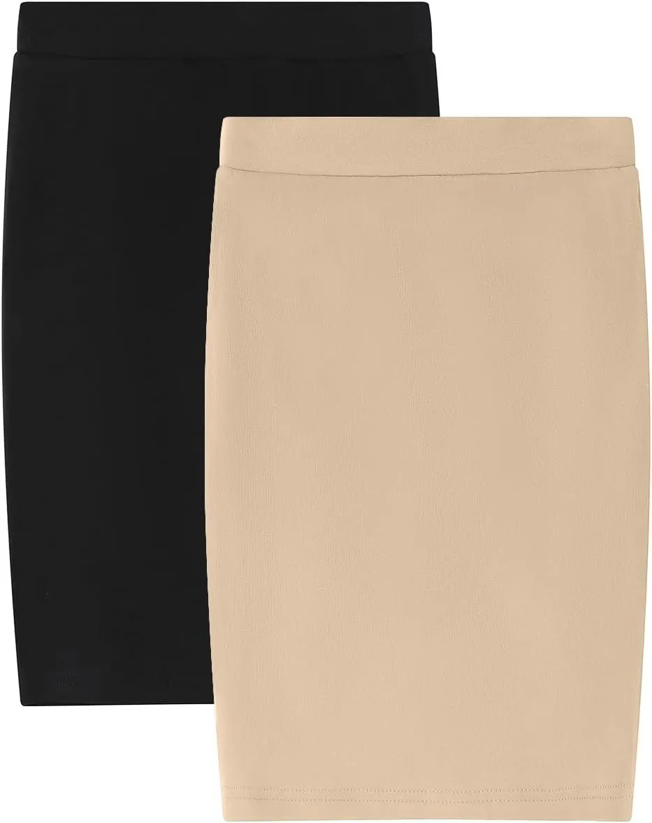 Noomelfish Girls 2 Pack Knee Length Pencil Skirts Plain Stretch Cotton Modest Skirt (5-14 Years)