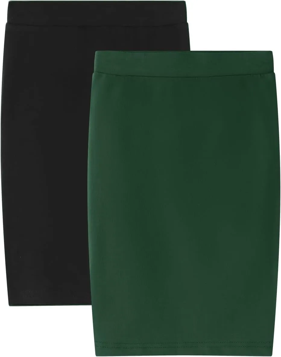 Noomelfish Girls 2 Pack Knee Length Pencil Skirts Plain Stretch Cotton Modest Skirt (5-14 Years)