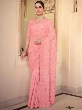 Pink Chiffon Saree With Unstitched Blouse