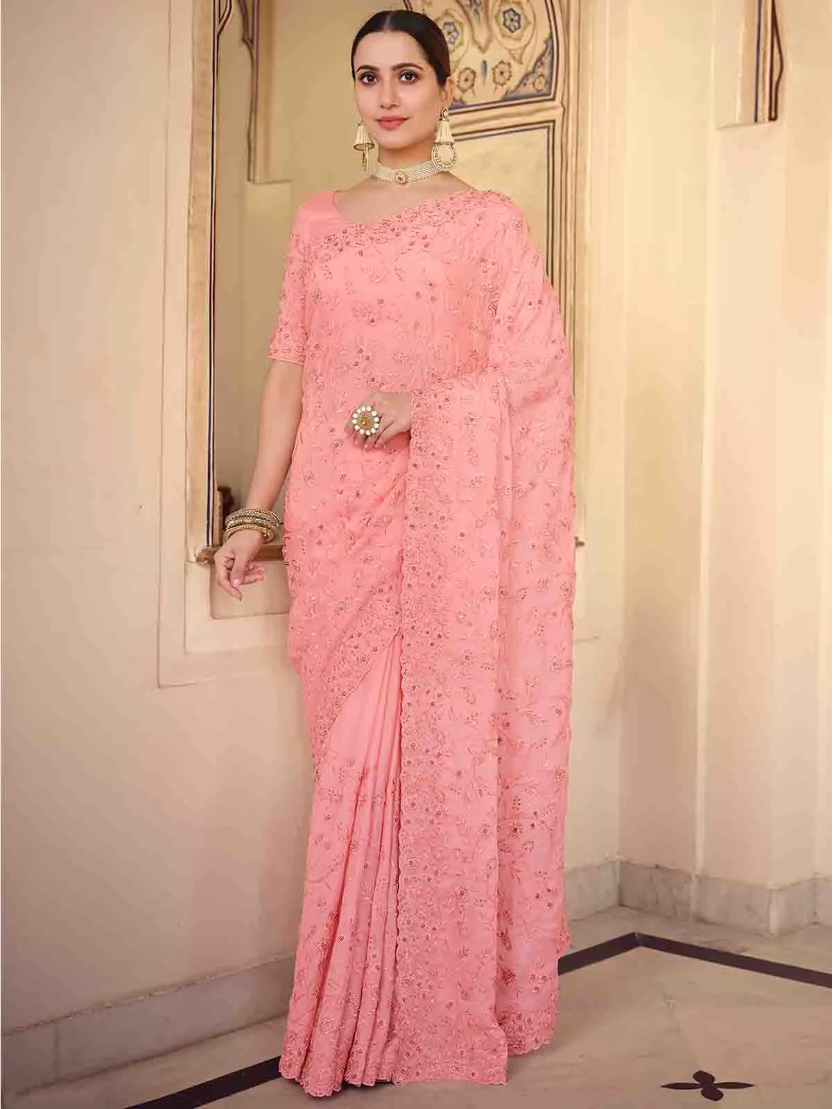 Pink Chiffon Saree With Unstitched Blouse