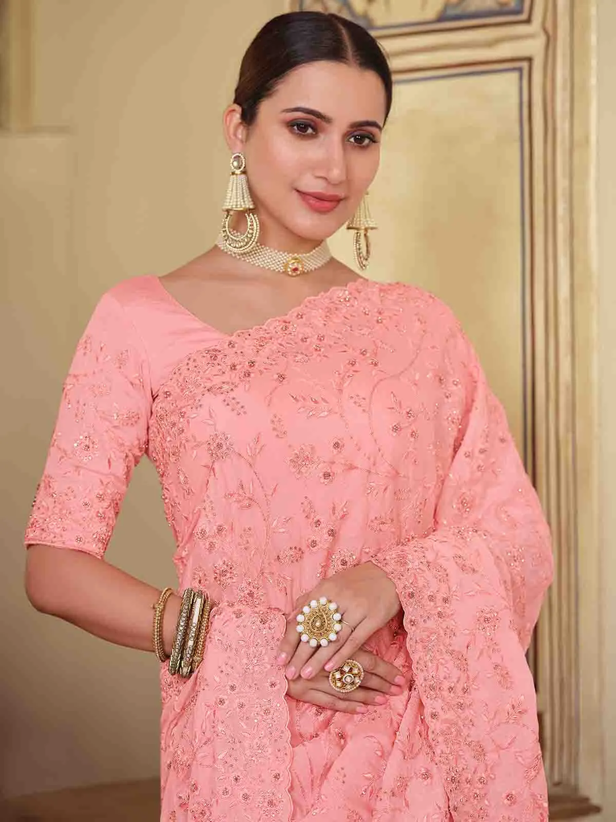 Pink Chiffon Saree With Unstitched Blouse
