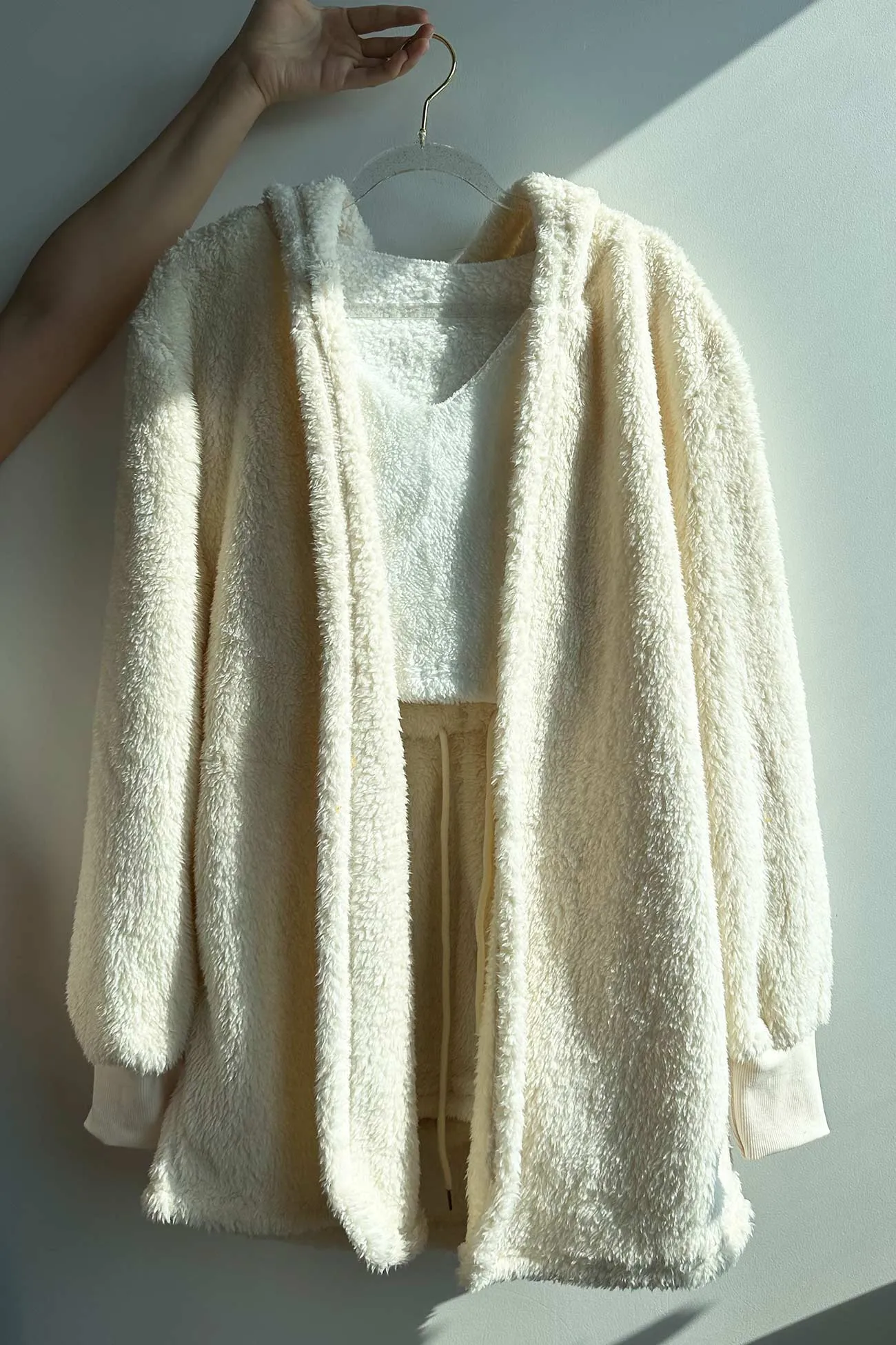 Plush Open-Front Hoodie Vest Three Piece Shorts Set