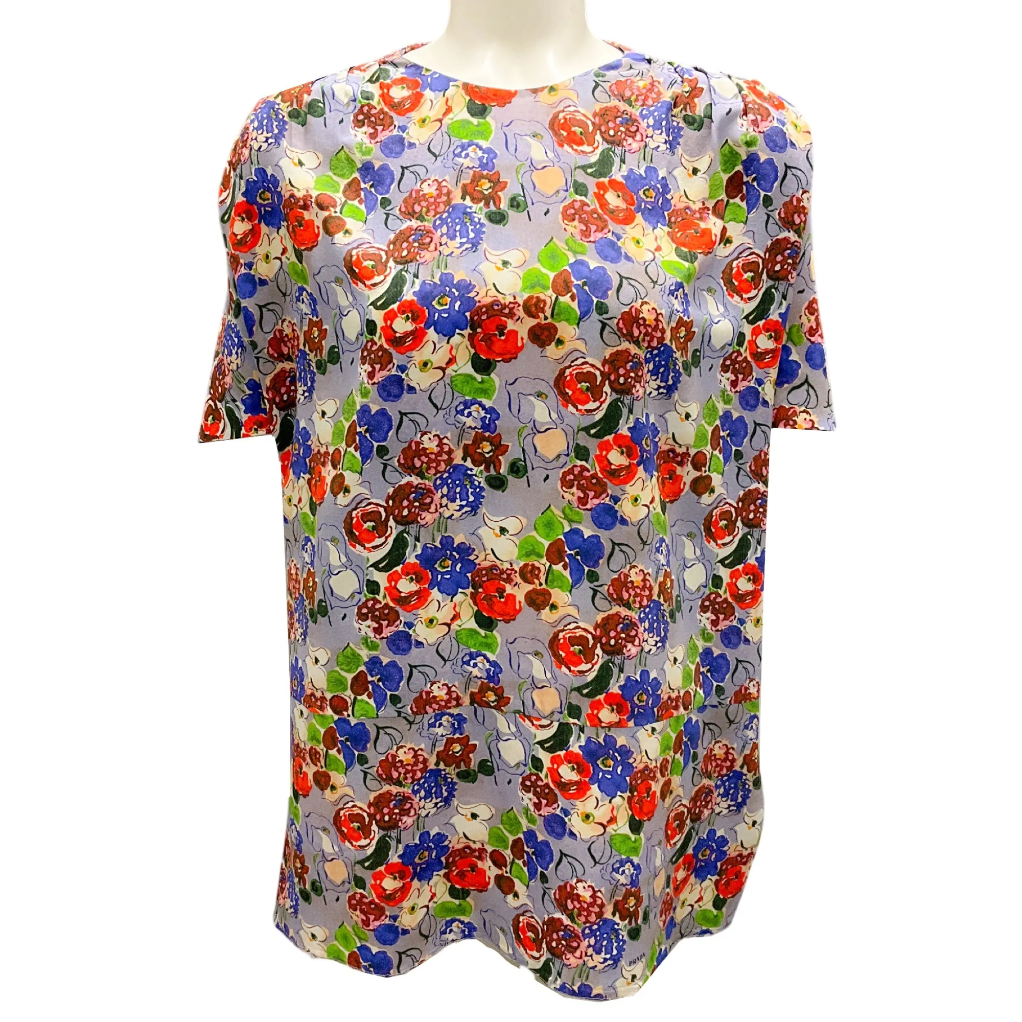 Prada Light Blue Multi Floral Printed Short Sleeved Silk Blouse