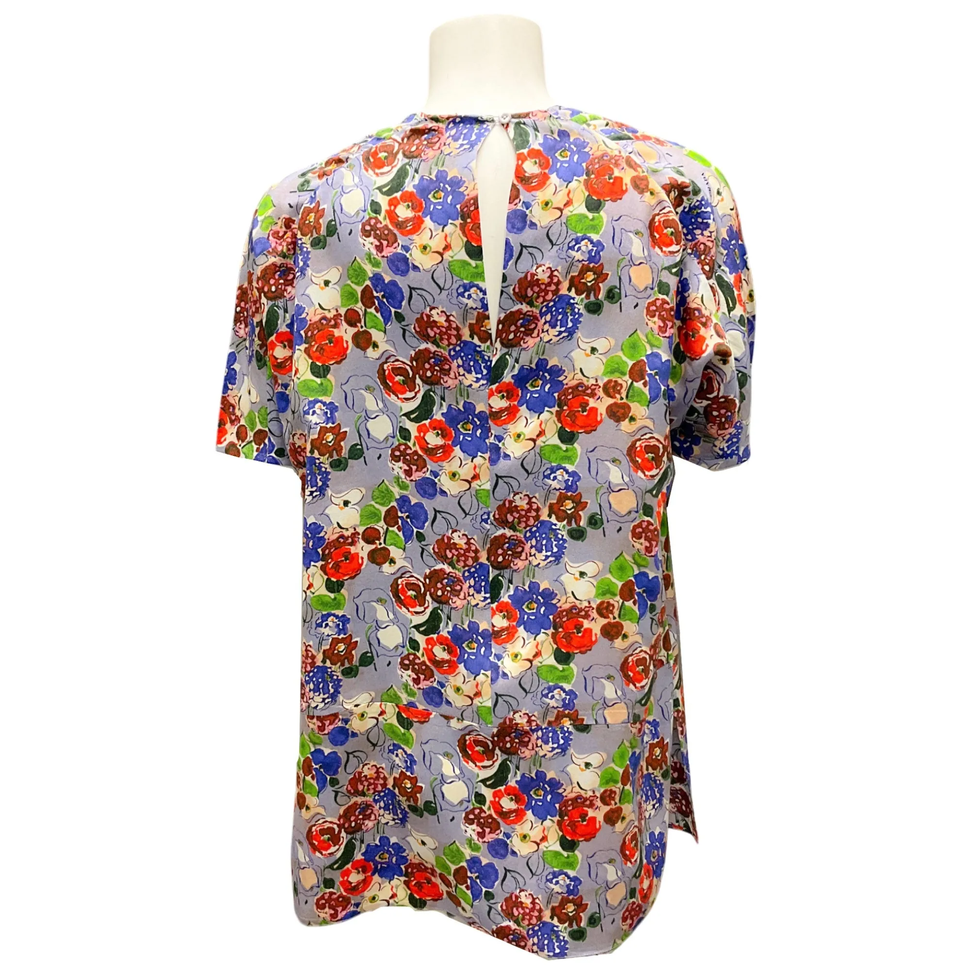 Prada Light Blue Multi Floral Printed Short Sleeved Silk Blouse