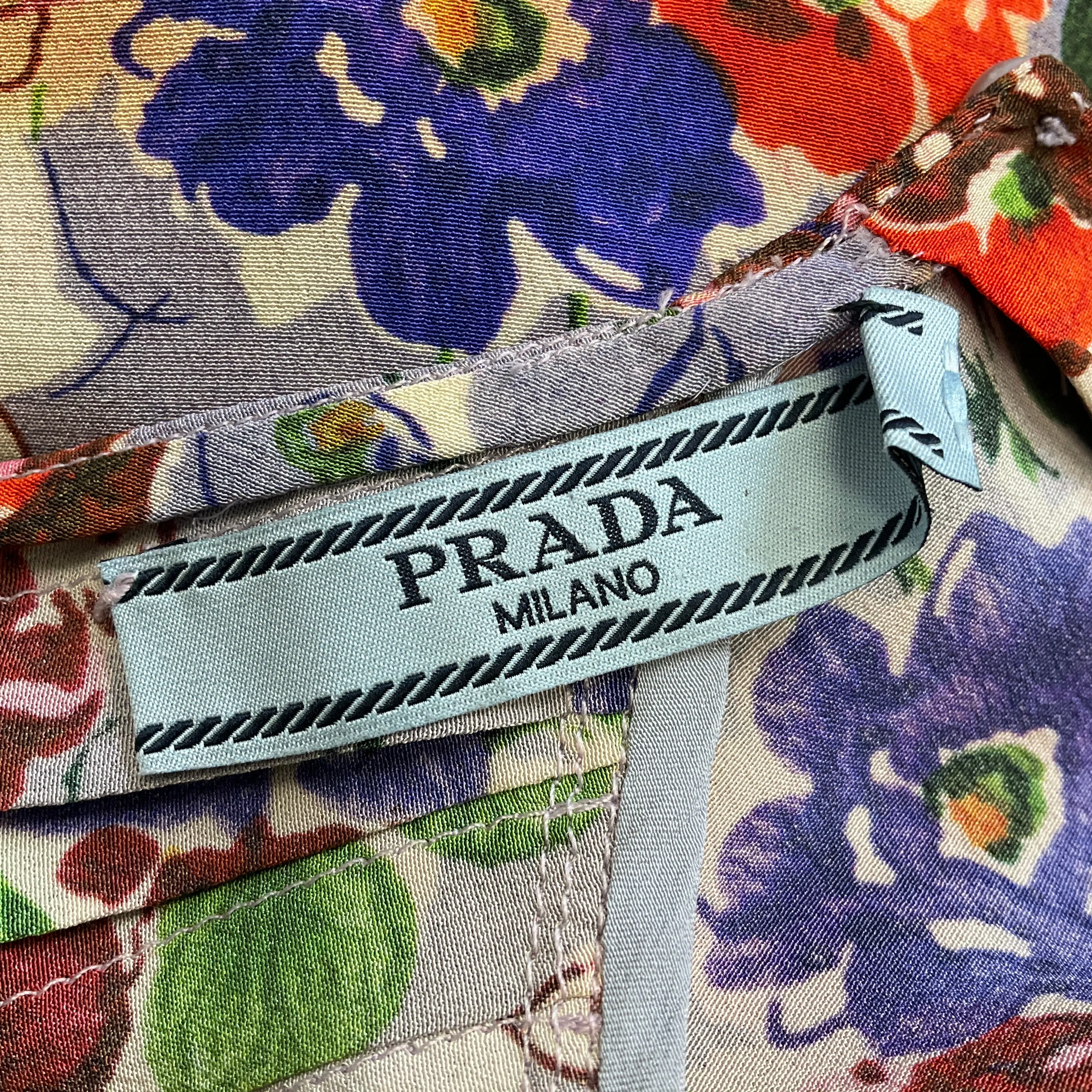 Prada Light Blue Multi Floral Printed Short Sleeved Silk Blouse