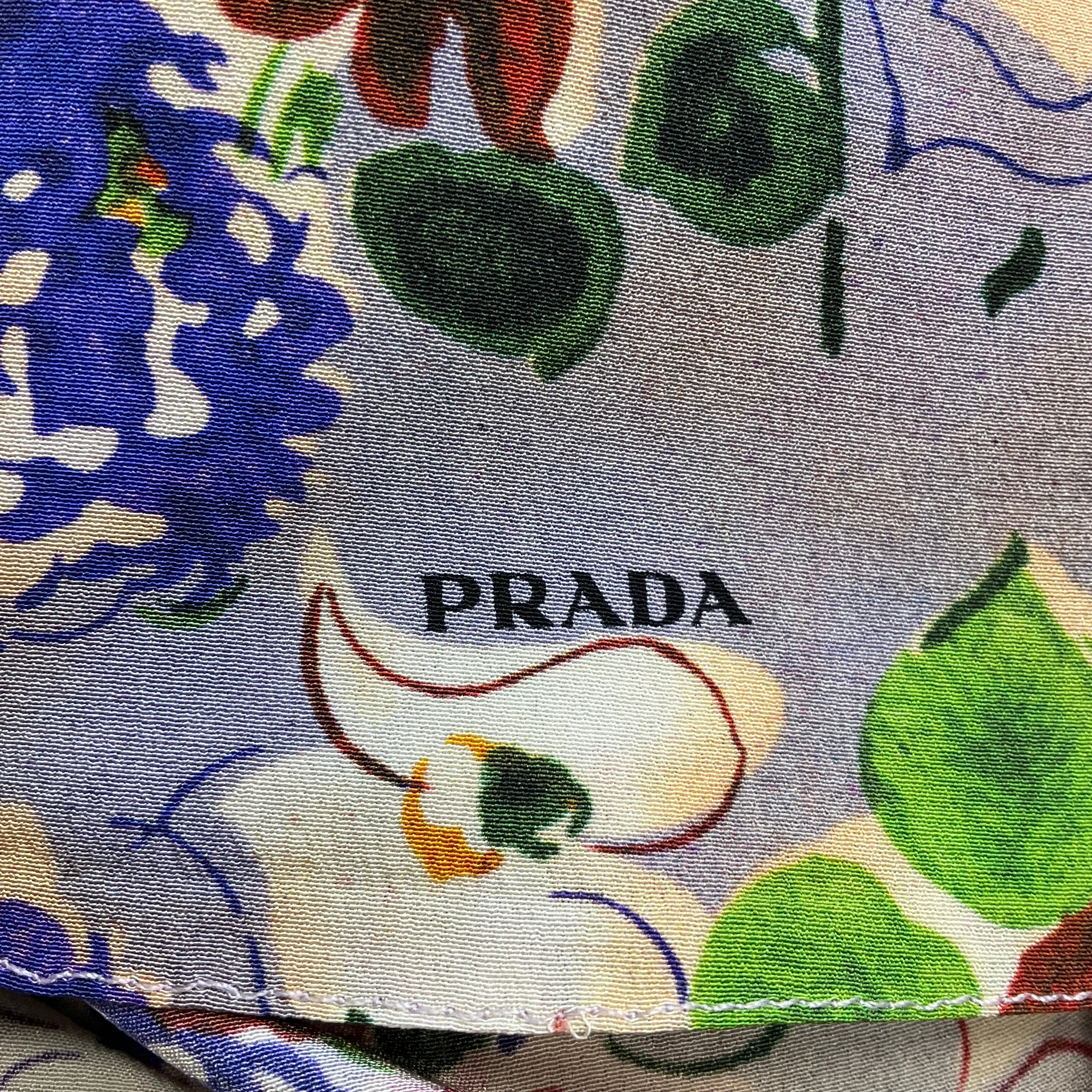 Prada Light Blue Multi Floral Printed Short Sleeved Silk Blouse