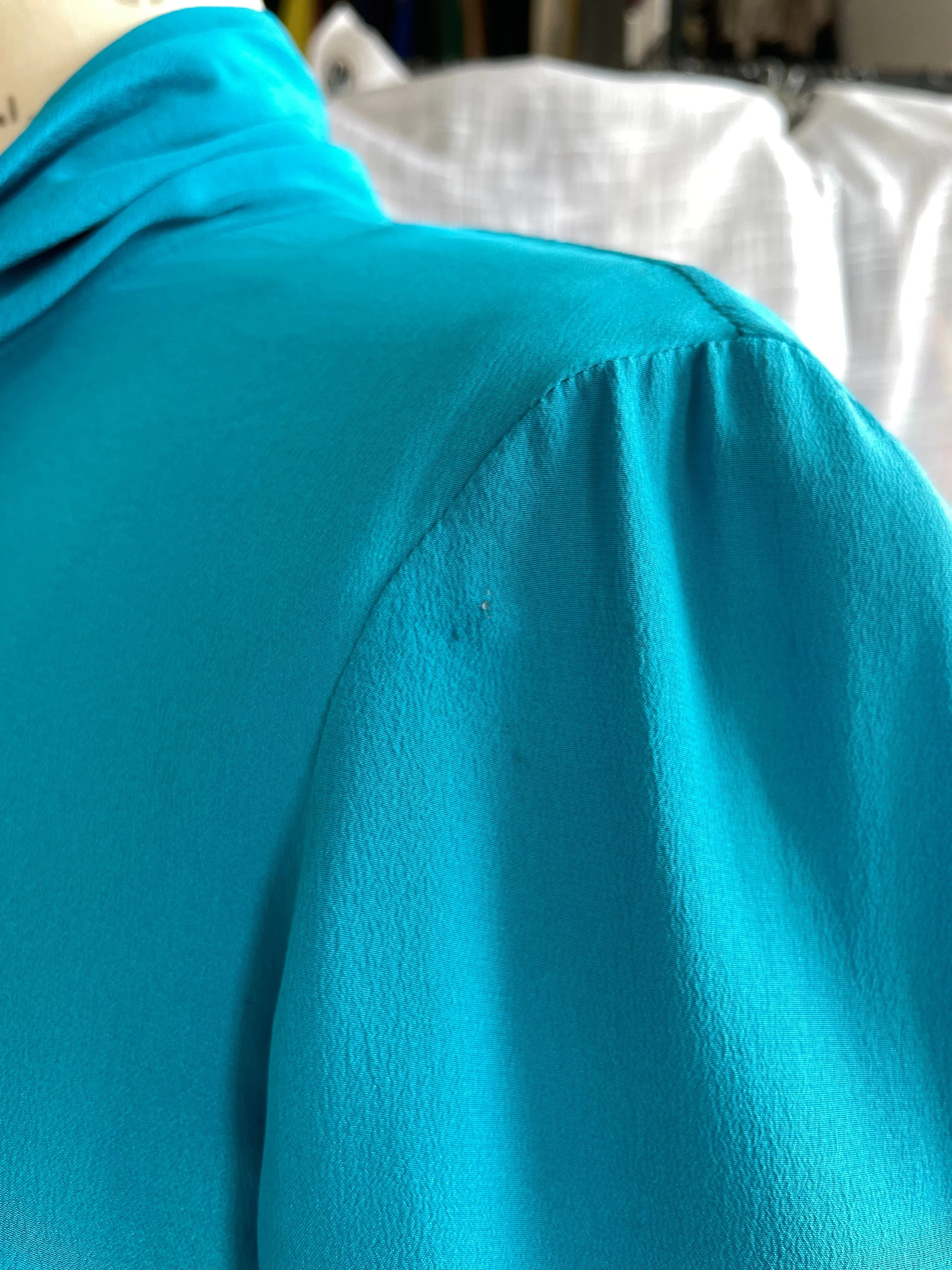 PRADA Women's turquoise silk crepe high neck front draped blouse w/ neck tie, 2/4