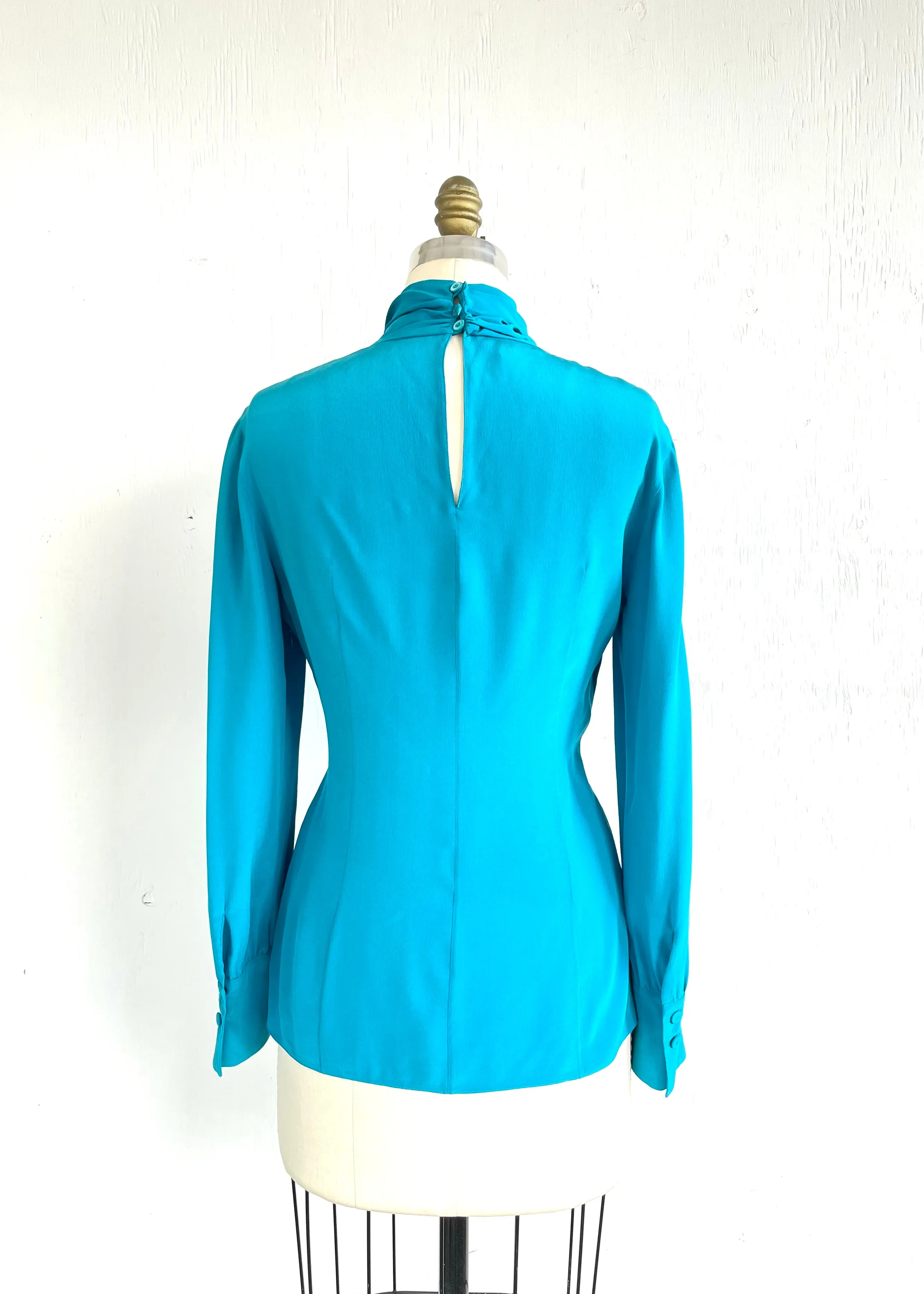 PRADA Women's turquoise silk crepe high neck front draped blouse w/ neck tie, 2/4