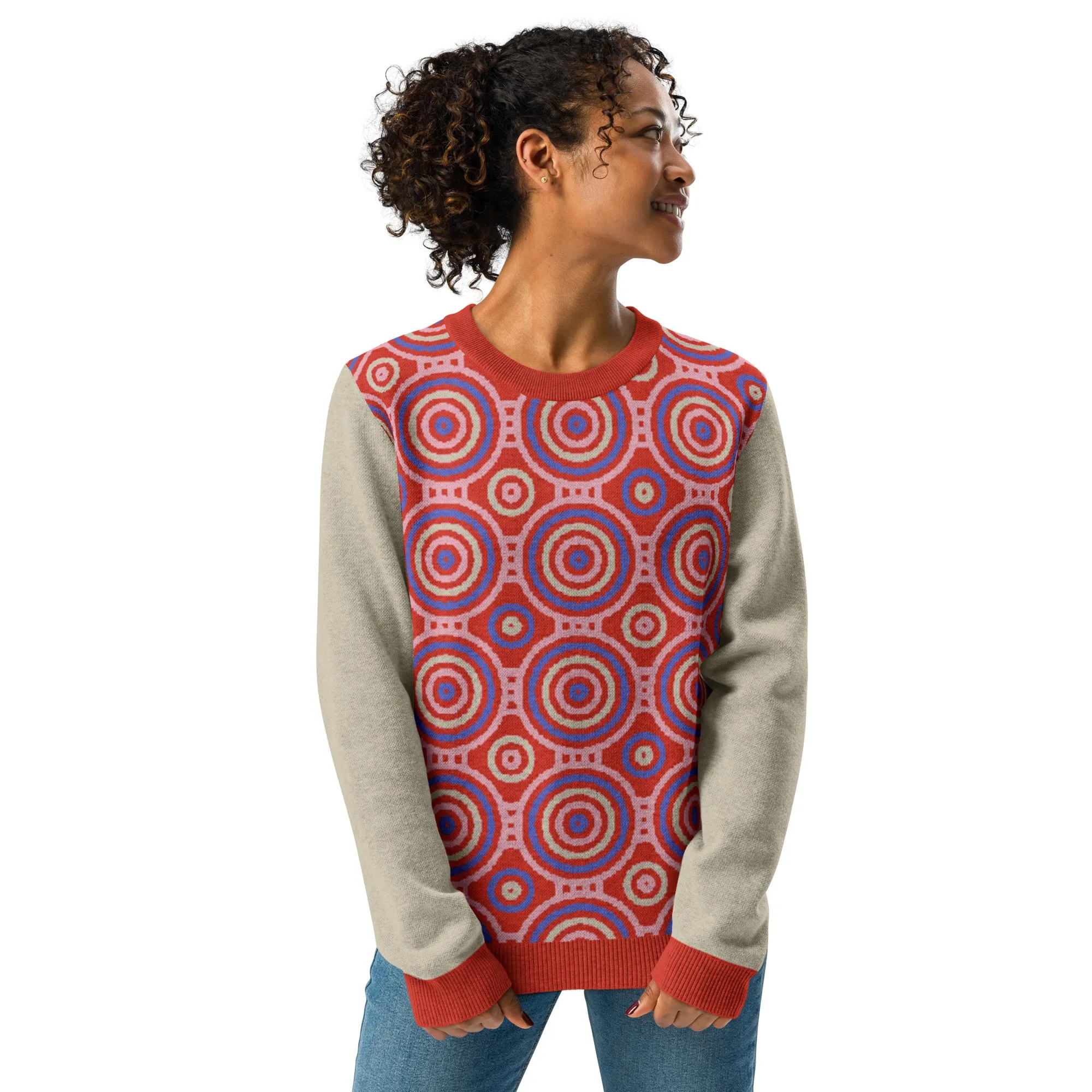 Red Calypso Swirl Knitted Crewneck Sweater