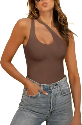 REORIA Butsmooth Women's Trendy Sexy Plunge One Shoulder Sleeveless V Backless Going Out Tank Bodysuits Tops