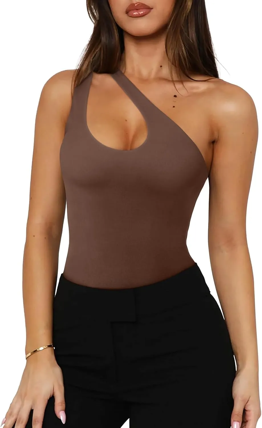 REORIA Butsmooth Women's Trendy Sexy Plunge One Shoulder Sleeveless V Backless Going Out Tank Bodysuits Tops