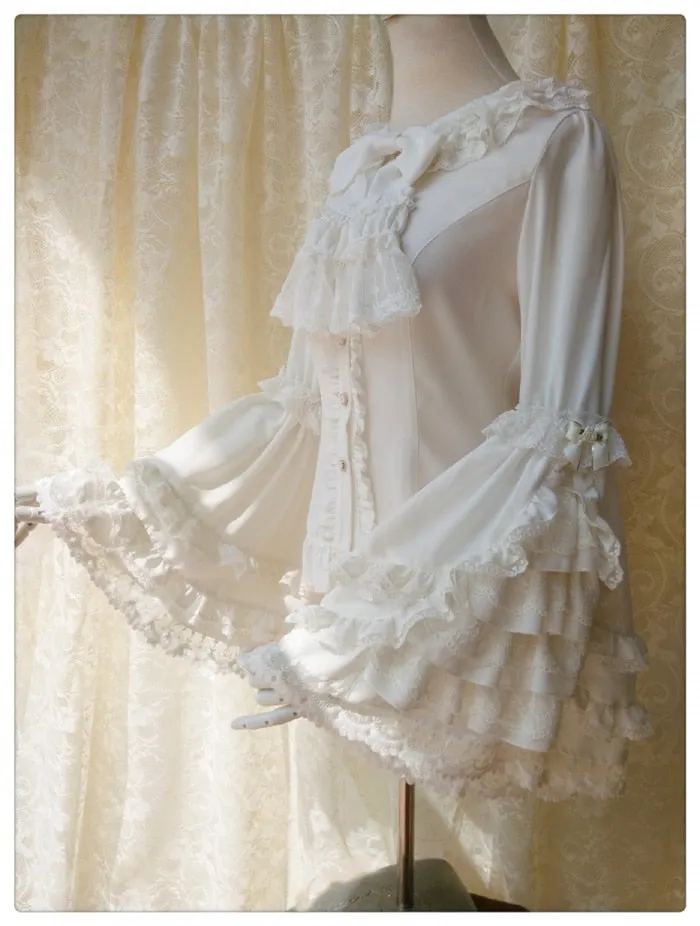 Vintage Thick Women's Cream Chiffon Blouse with Gorgeous Lace Flare Sleeve by Yiliya