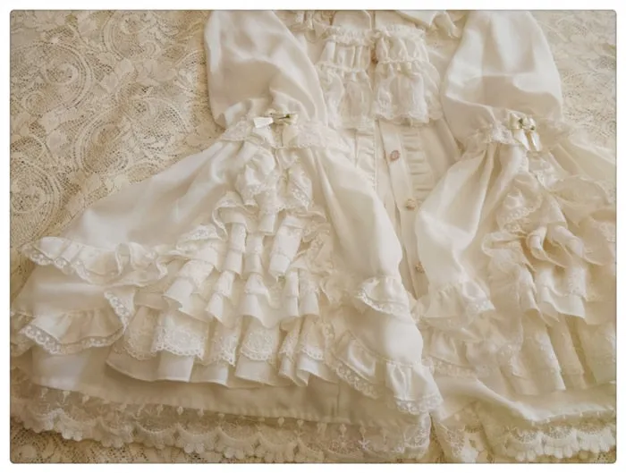 Vintage Thick Women's Cream Chiffon Blouse with Gorgeous Lace Flare Sleeve by Yiliya