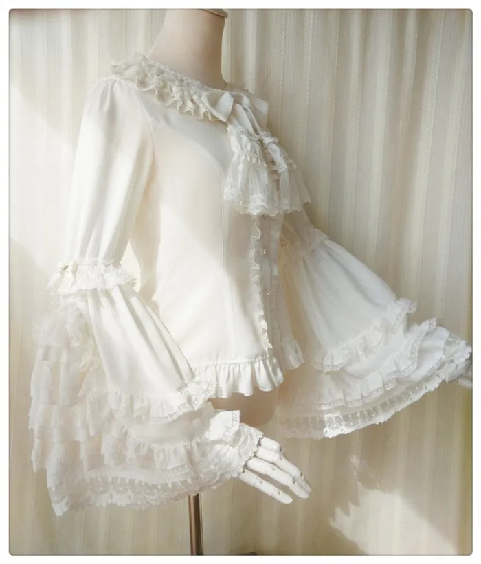 Vintage Thick Women's Cream Chiffon Blouse with Gorgeous Lace Flare Sleeve by Yiliya