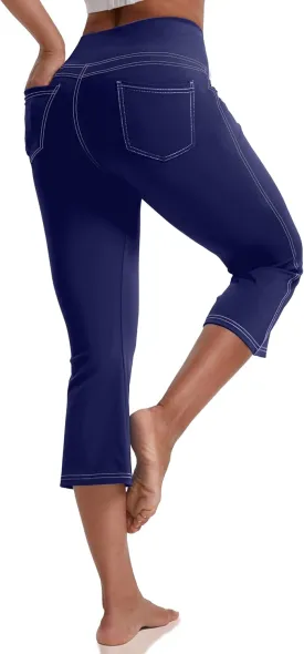 VOOVEEYA Women's Capri Leggings, Yoga Capris Pants with Pockets Stretchy Crop Pants High Waisted Straight Leg 21"