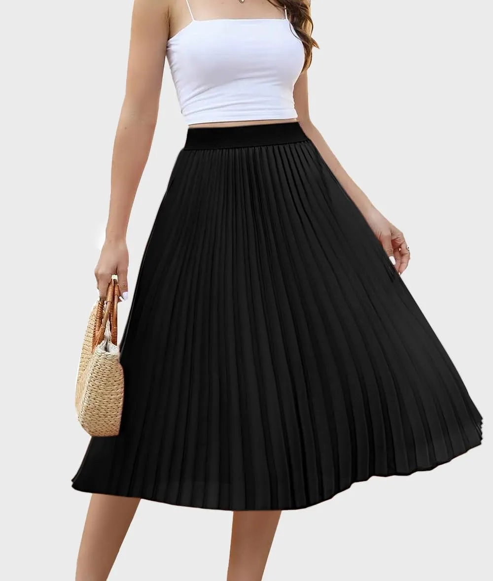 Women's Midi Skirt Elastic High Waist Pleated Skirt Knee Length Swing A-Line Casual Flowy Skirts 2025