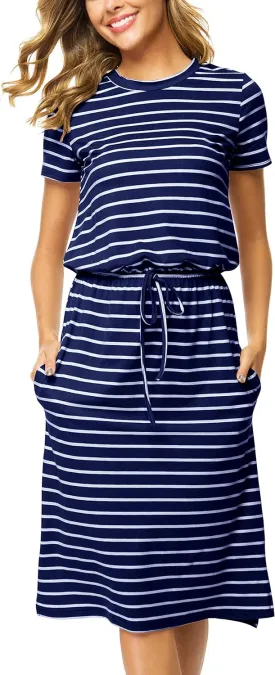 Womens Summer Hide Belly Knee Length Travel Dress Pocket 2025 Spring Short Sleeve Midi Work Casual Teacher Outfits