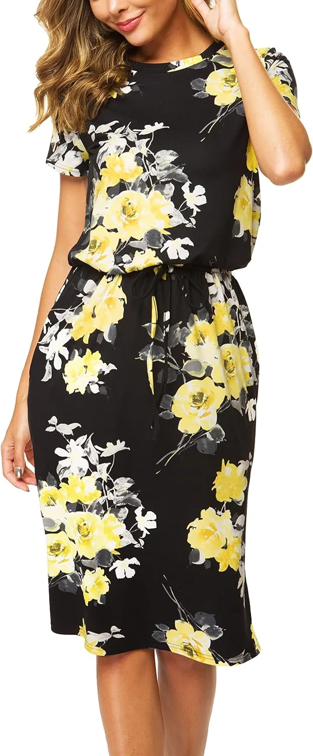 Womens Summer Hide Belly Knee Length Travel Dress Pocket 2025 Spring Short Sleeve Midi Work Casual Teacher Outfits
