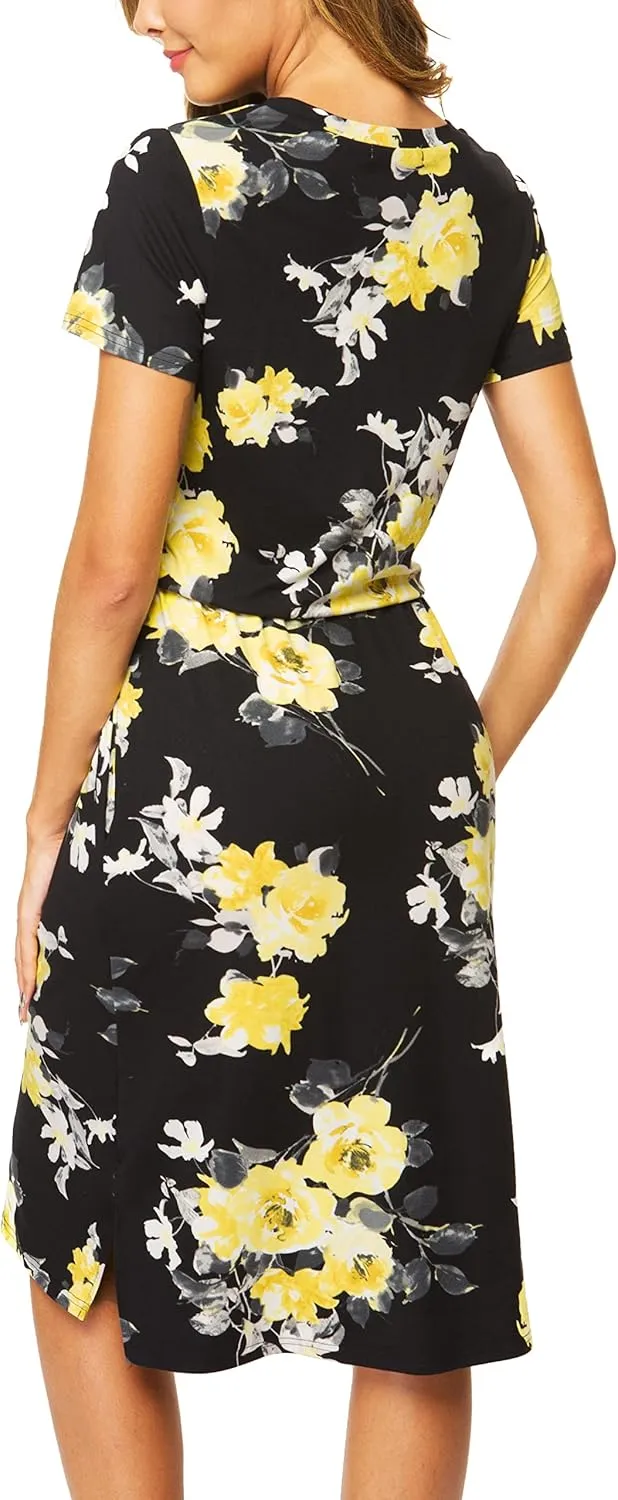 Womens Summer Hide Belly Knee Length Travel Dress Pocket 2025 Spring Short Sleeve Midi Work Casual Teacher Outfits