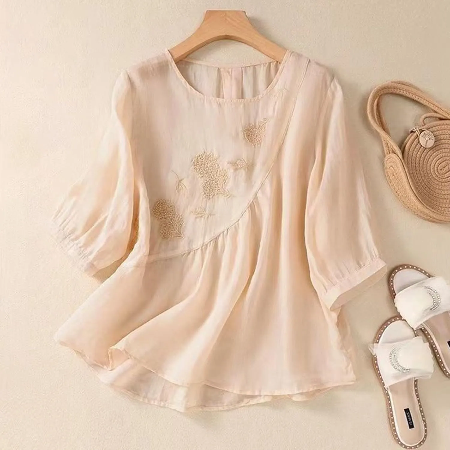 Womens Summer Tops 3/4 Sleeve Crewneck Tunic Tops Dressy Casual Blouses Loose Fit Flowy Embroidered Bohemian Tshirt