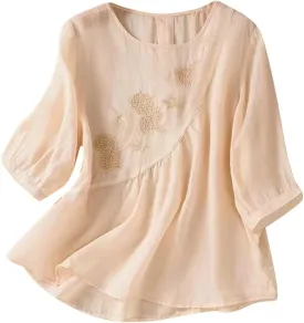 Womens Summer Tops 3/4 Sleeve Crewneck Tunic Tops Dressy Casual Blouses Loose Fit Flowy Embroidered Bohemian Tshirt