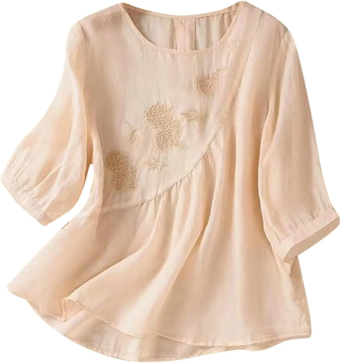Womens Summer Tops 3/4 Sleeve Crewneck Tunic Tops Dressy Casual Blouses Loose Fit Flowy Embroidered Bohemian Tshirt