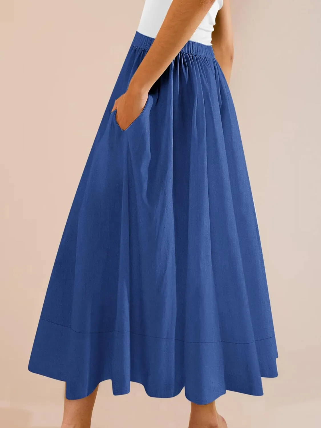 Yousify Womens A-Line Midi Skirts Casual Elastic High Waist Flowy Swing Pleated Beach Boho Long Skirt with Pocket