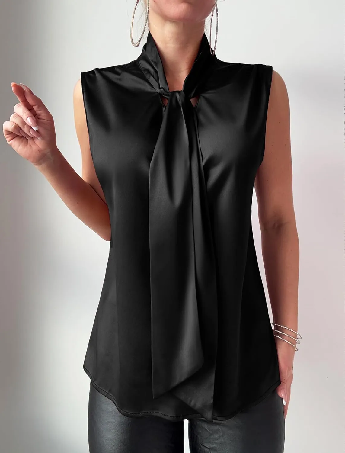 ZAFUL Women's Silk Satin Tank Tops Bow Tie Knot Mock Neck Casual Sleeveless Blouses Summer Basic Tanks Shirt